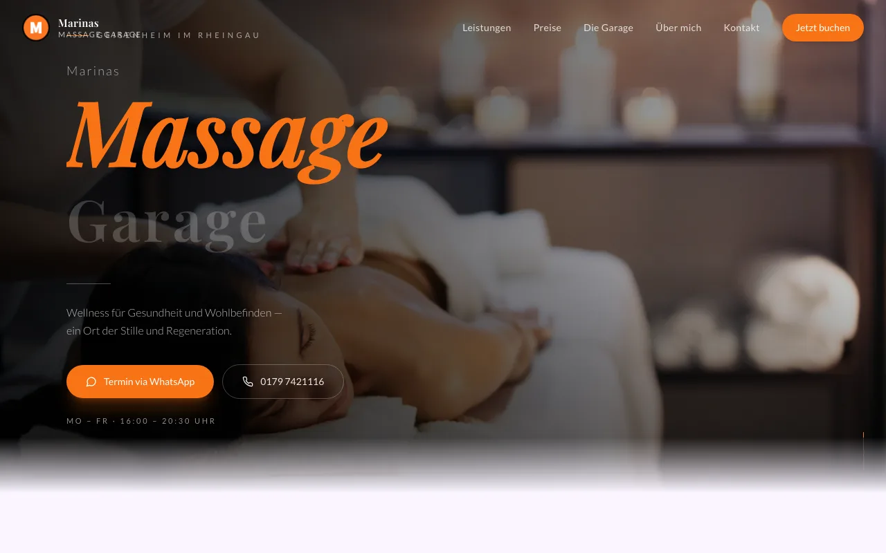 Marinas Massagegarage — Website-Screenshot